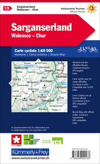 Suisse, Sarganserland, Walensee - Coire, No. 13, Carte cycliste 1:60'000 Suisse, Sarganserland, Walensee - Coire, No. 13, Carte cycliste 1:60'000
