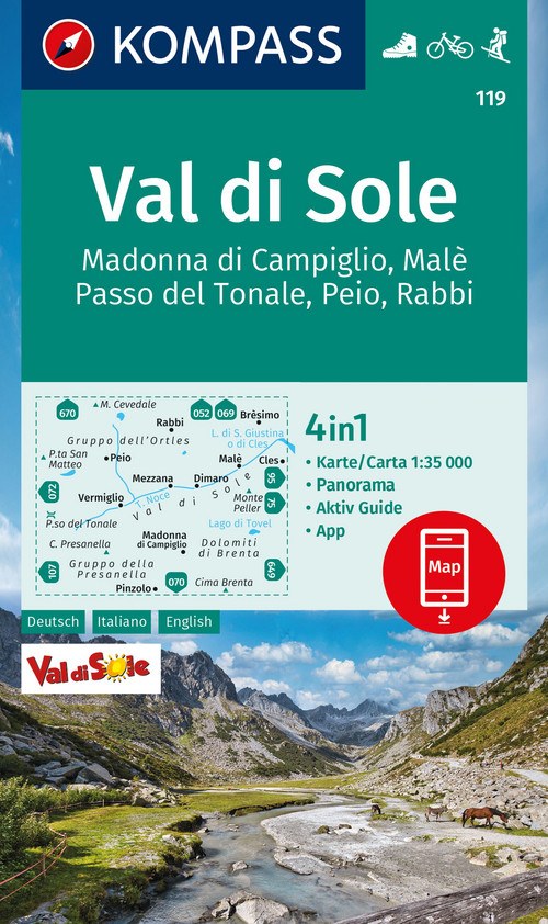 KOMPASS Wanderkarte 119 Val di Sole, Madonna di Campiglio, Malè, Passo del Tonale, Peio, Rabbi 1:35000