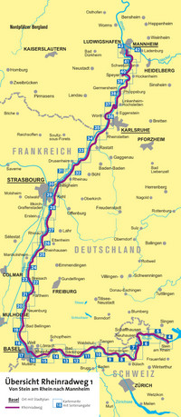 KOMPASS Fahrrad-Tourenkarte Rheinradweg 1, Von Stein am Rhein nach Mannheim, 1:50000