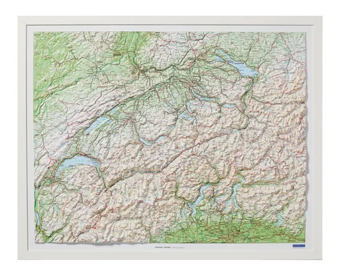 Switzerland, plastic relief with wooden frame white lacquered