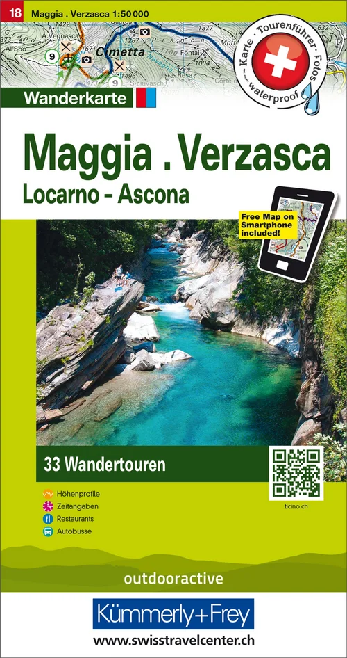 Swiss, Maggia - Verzasca, Locarno - Ascona, No. 18, Carte de randonnée avec tours 1:50'000, édition allemande