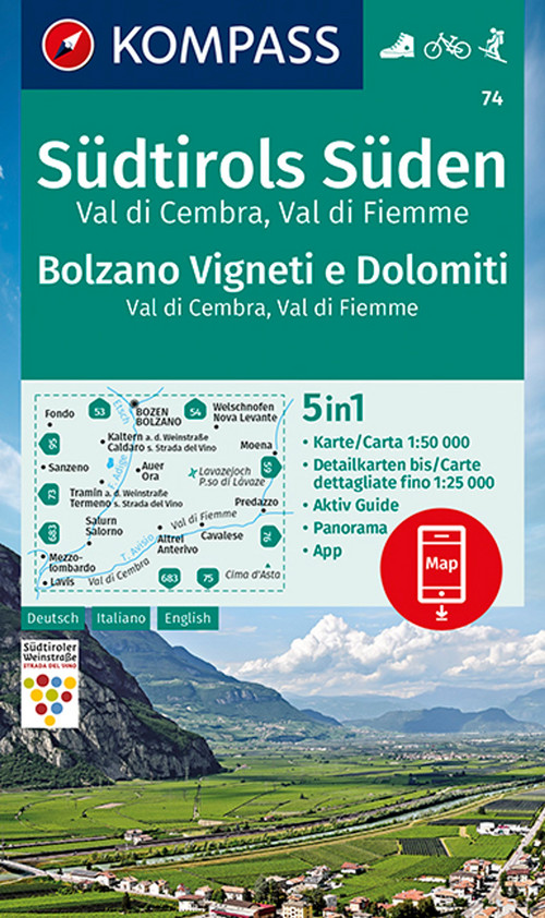 KOMPASS Wanderkarte 74 Südtirols Süden, Bolzano Vigneti e Dolomiti, Val di Cembra, Val di Fiemme