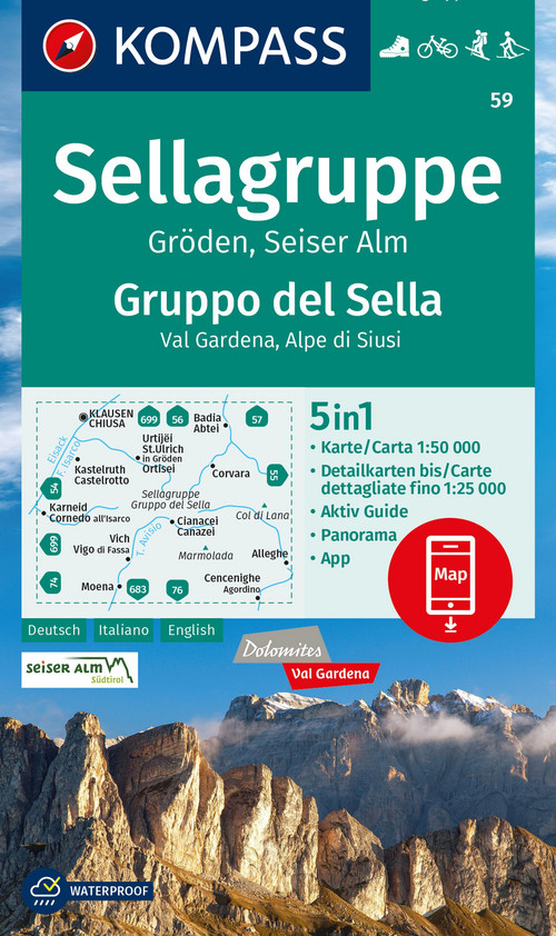 KOMPASS Wanderkarte 59 Sellagruppe, Gröden, Seiseralm / Gruppo del Sella, Val Gardena, Alpe di Siusi 1:50.000