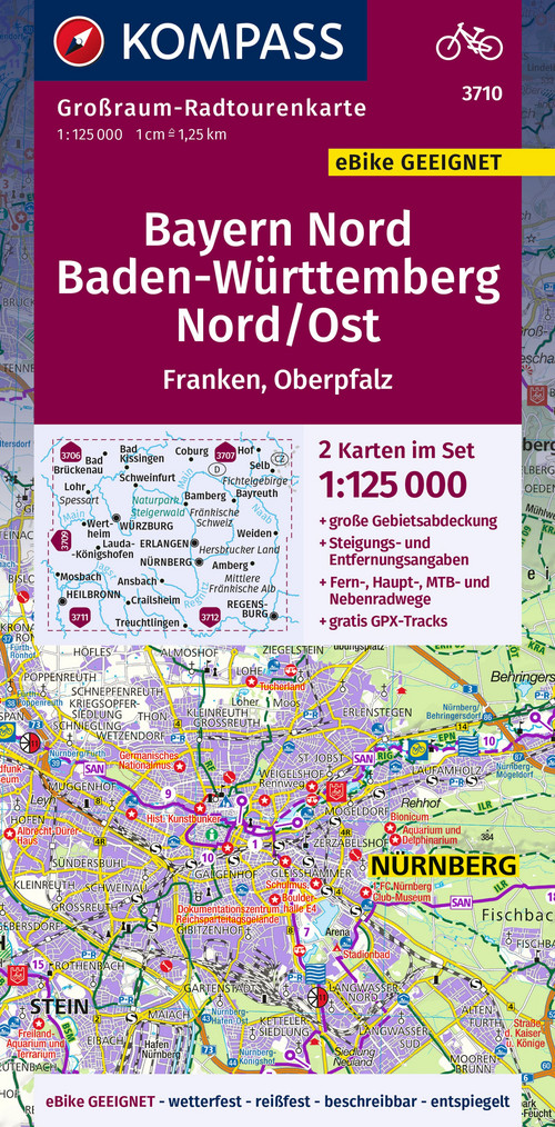 KOMPASS Großraum-Radtourenkarte 3710 Bayern Nord, Baden-Württemberg Nord/Ost 1:125.000