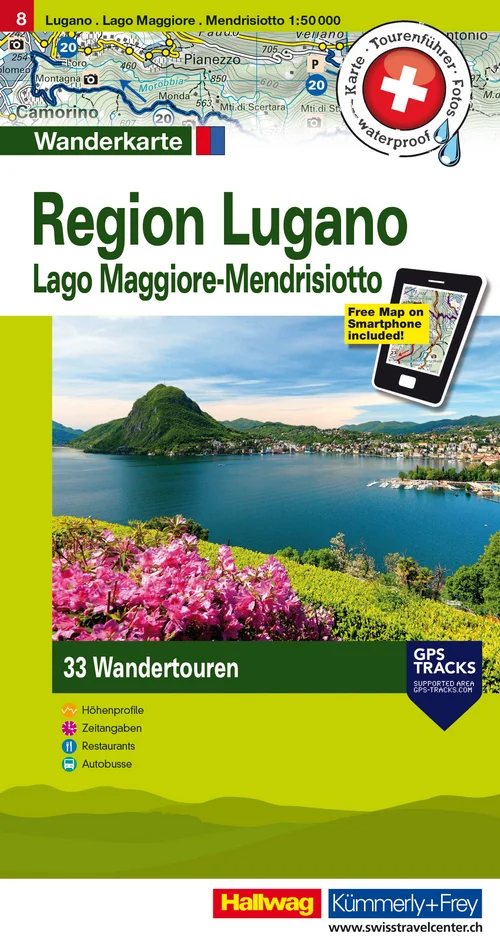 Swiss, Lugano - Mendrisiotto, No. 8, Carte de randonnée avec tours 1:50'000, édition allemande